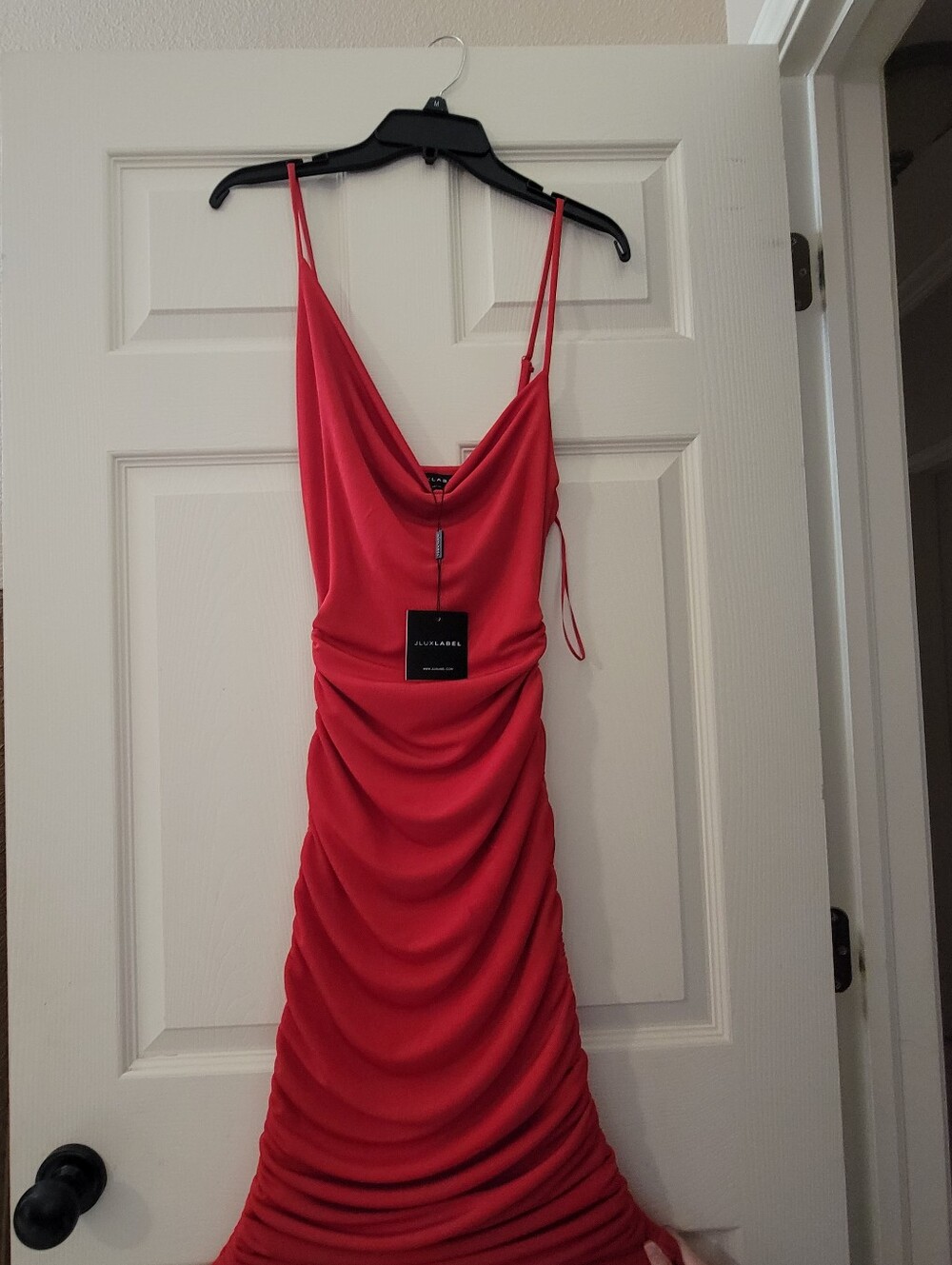 Brand New JLUXLABEL Red Draped Cowl-Neck Spaghetti Strap Midi Dress (Size Small)